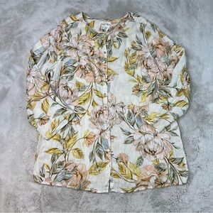 Nicole Miller Linen Button Front Tunic Top Floral Roll Tab Sleeves Size 1X NEW